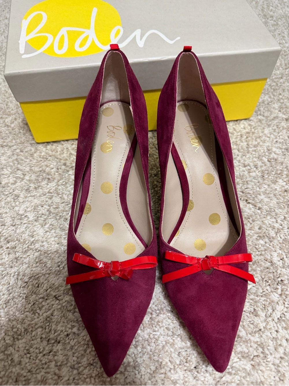 Boden Burgundy Suede Pointed Pumps with Red Bow Accent